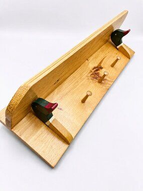 Solid Wood Wall Shelf with Decorative Duck Brackets, Hooks and Plate Slot